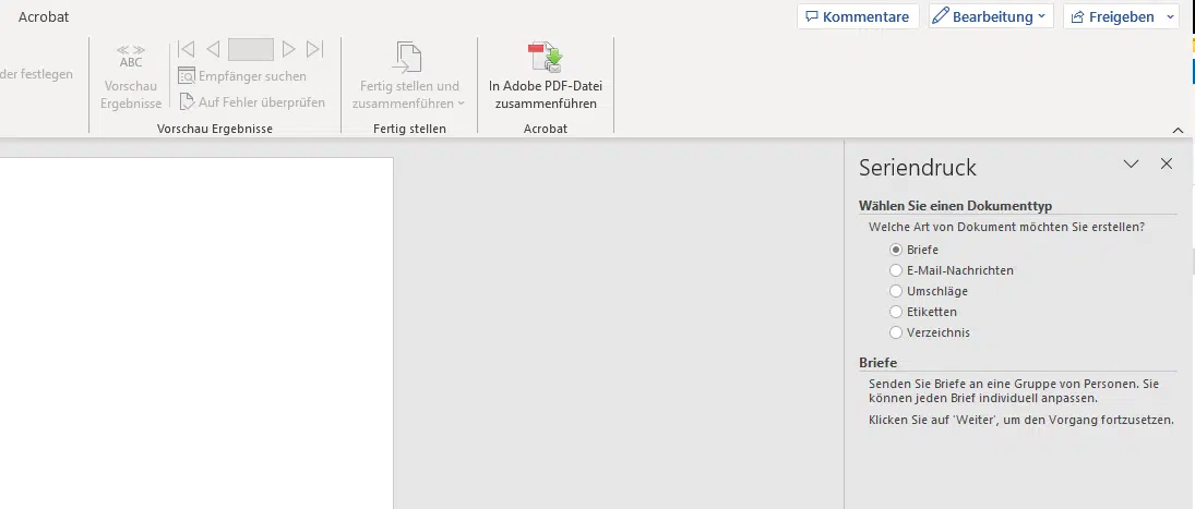 Serienbriefe erstellen mit dem Seriendruck-Assistent in Word, Dokumenttyp wählen